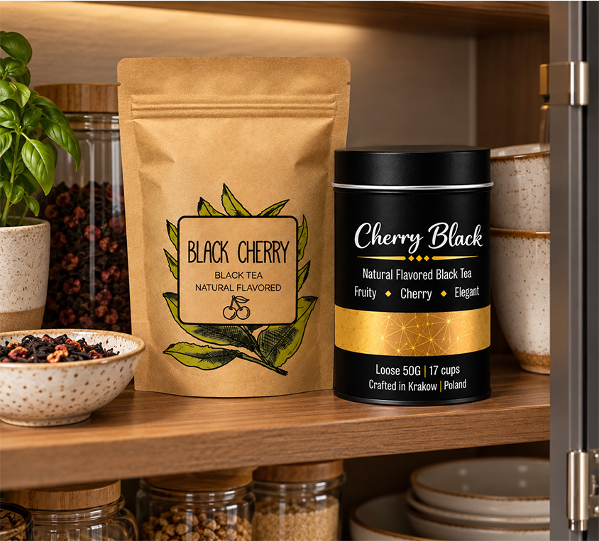 Cherry Black Leo Tea – warianty czarnej herbaty z wiśnią w puszce, kubku i opakowaniu doypack